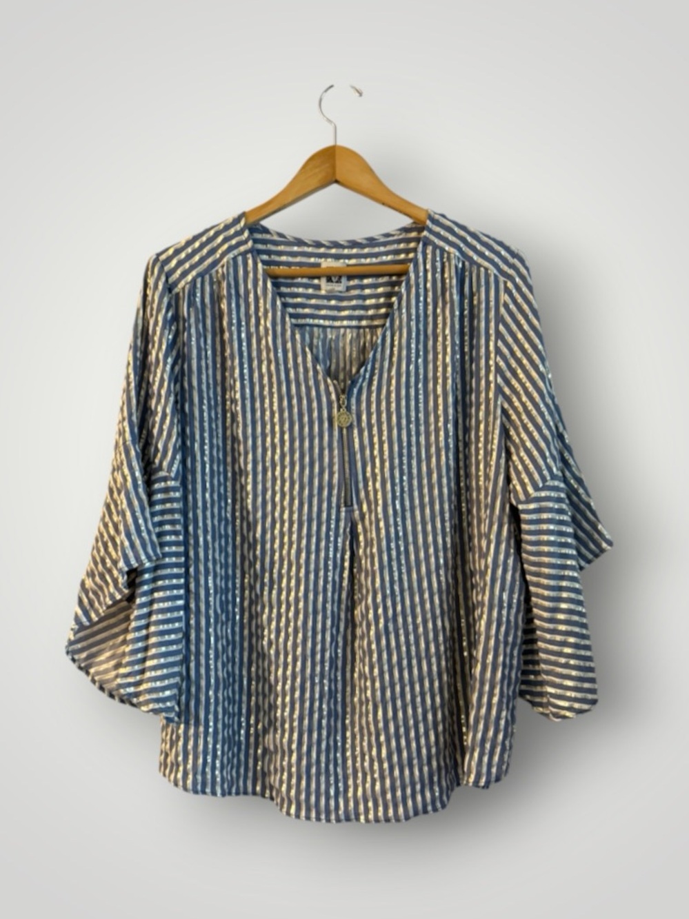 Anne Klein 2X Blue Gold Metallic Stripe Zip Front Bell Sleeve Blouse